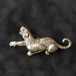 Vintage 1980s Silver Metal Tiger Brooch